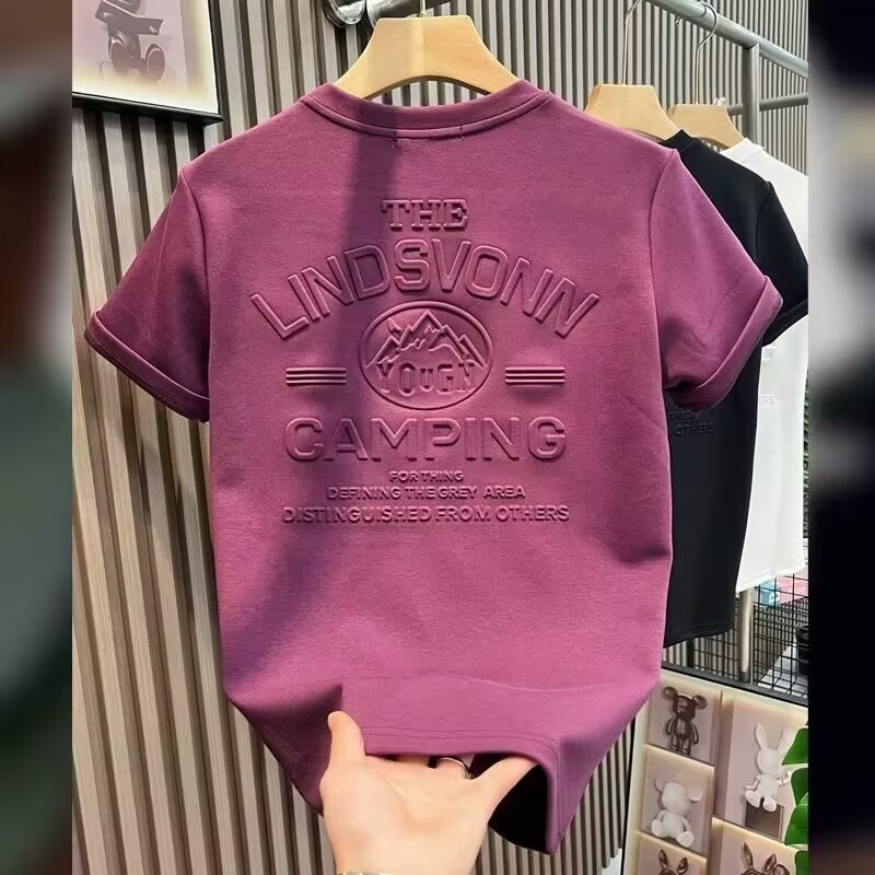 Tricou bărbați cu mânecă scurtă, guler rotund, imprimeu geometric în relief, culoare solidă, croi lejer, stil coreean, vară, bumbac