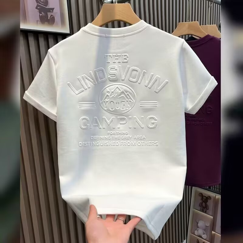 Tricou bărbați cu mânecă scurtă, guler rotund, imprimeu geometric în relief, culoare solidă, croi lejer, stil coreean, vară, bumbac