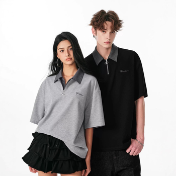 Unisex polo majica s polu-zipom, svijetlosiva, izvezeni natpis slovima, udoban slobodan kroj, plus veličina, moderan streetwear top
