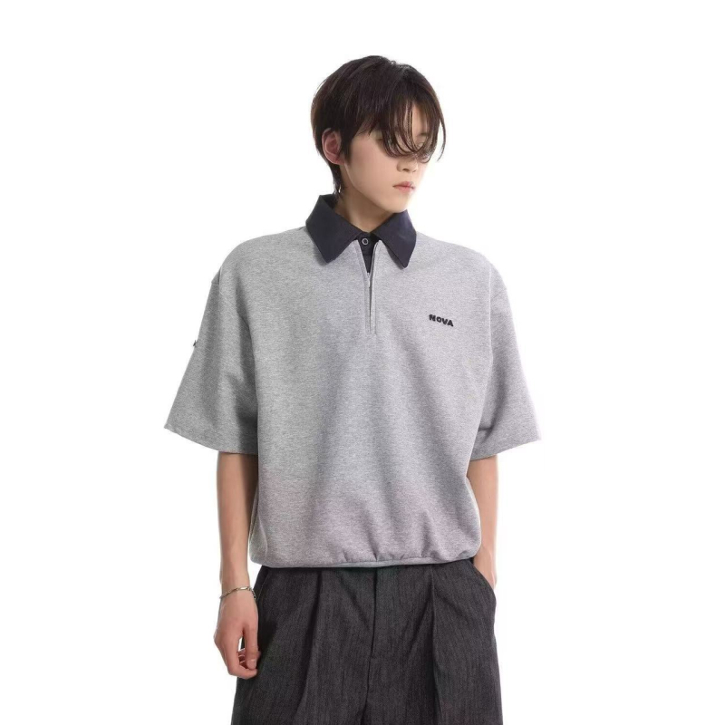 Unisex polo majica s polu-zipom, svijetlosiva, izvezeni natpis slovima, udoban slobodan kroj, plus veličina, moderan streetwear top