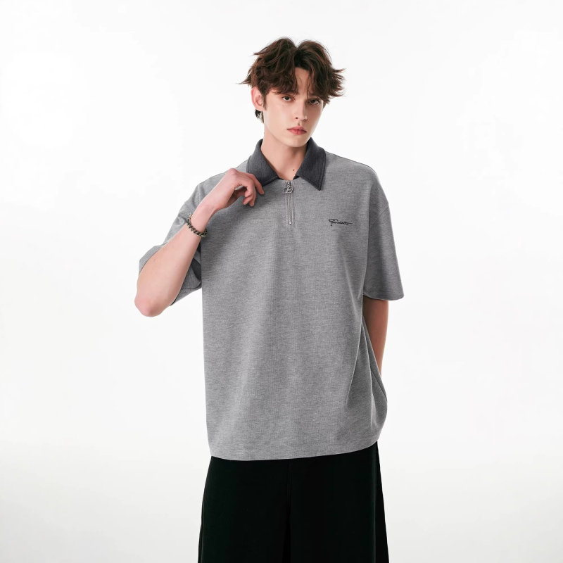 Unisex polo majica s polu-zipom, svijetlosiva, izvezeni natpis slovima, udoban slobodan kroj, plus veličina, moderan streetwear top
