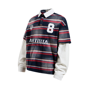 Férfiak számára készült amerikai retro utcai stílusú hosszú ujjú polo póló patchwork színblokkokkal és csíkokkal, laza szabás, hamis két darabos dizájn