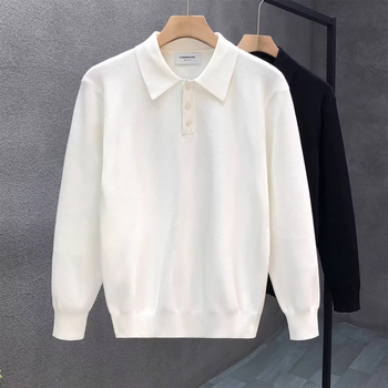 Pulover polo tricotat pentru bărbați, mâneci lungi, culoare solidă negru-alb, casual
