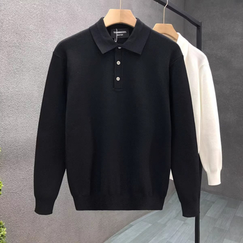 Pulover polo tricotat pentru bărbați, mâneci lungi, culoare solidă negru-alb, casual