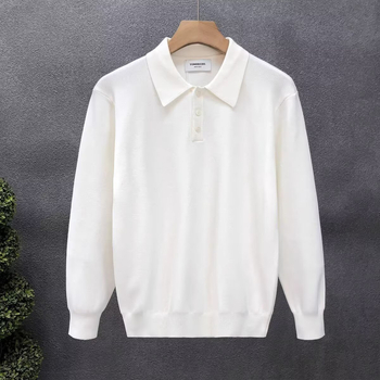 Pulover polo tricotat pentru bărbați, mâneci lungi, culoare solidă negru-alb, casual