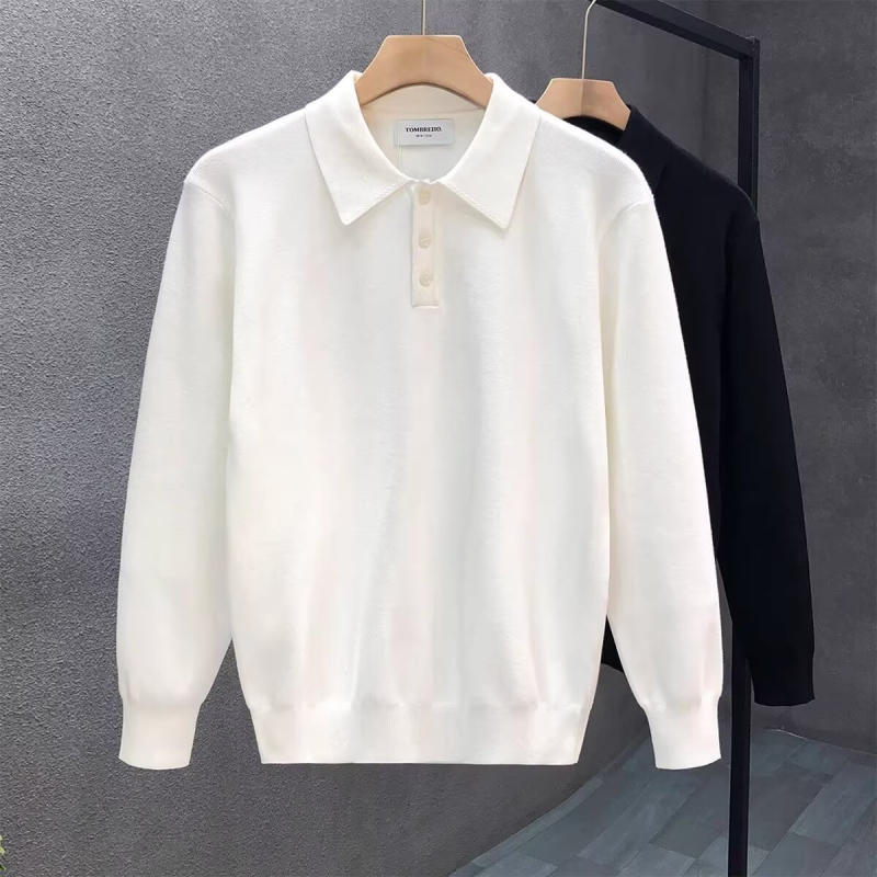Pulover polo tricotat pentru bărbați, mâneci lungi, culoare solidă negru-alb, casual