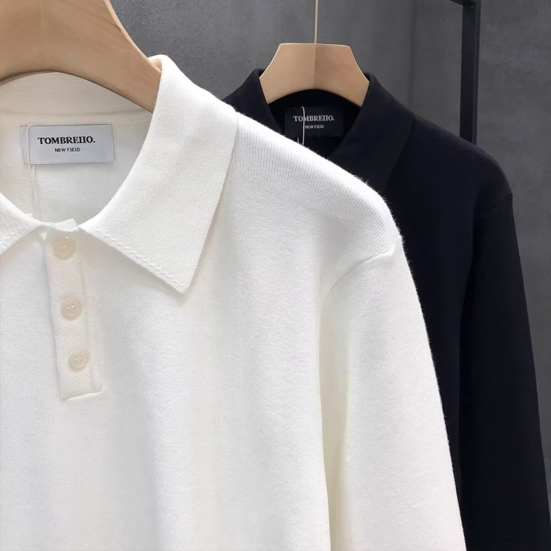 Pulover polo tricotat pentru bărbați, mâneci lungi, culoare solidă negru-alb, casual