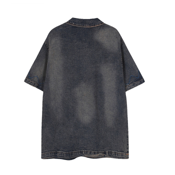Férfi denim póló ing amerikai vintage stílusban, mosott hatású, rövid ujjú, betűhímzés, póló gallér