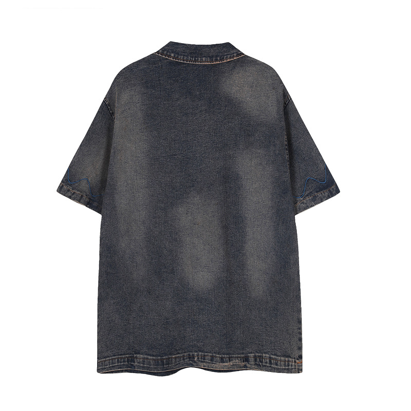 Férfi denim póló ing amerikai vintage stílusban, mosott hatású, rövid ujjú, betűhímzés, póló gallér