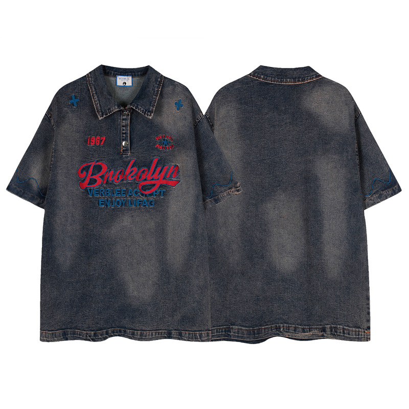 Férfi denim póló ing amerikai vintage stílusban, mosott hatású, rövid ujjú, betűhímzés, póló gallér