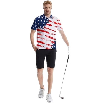 Férfi gyorsan száradó golfpóló, rövid ujjú, amerikai zászló logóval ellátott nyomás, laza szabású