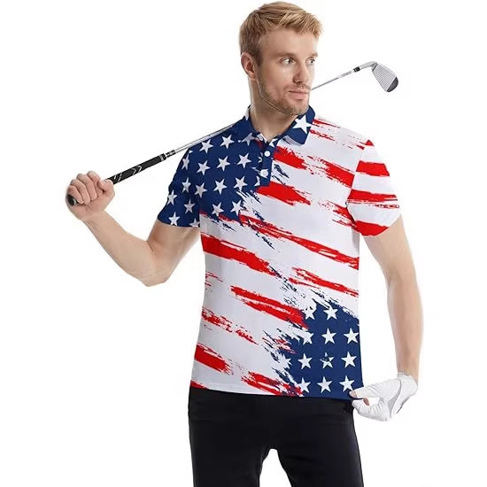 Férfi gyorsan száradó golfpóló, rövid ujjú, amerikai zászló logóval ellátott nyomás, laza szabású