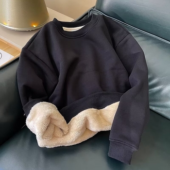 Férfi báránygyapjú fleece-béléssel készült pulóver, kerek nyakú, hosszú ujjú, téli mindennapi felső