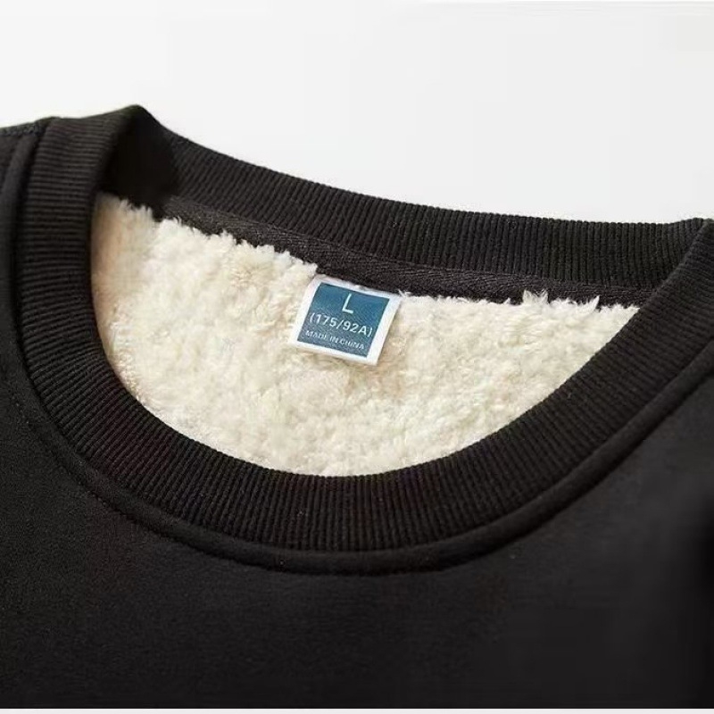 Férfi báránygyapjú fleece-béléssel készült pulóver, kerek nyakú, hosszú ujjú, téli mindennapi felső