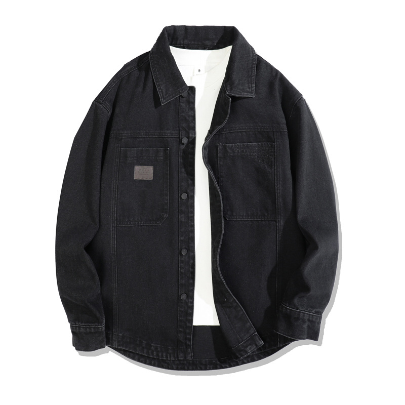 Tavaszi–ősz denim kabát férfiaknak, hongkongi stílus, fekete, laza szabás, munkaruházat