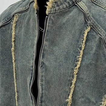 Amerikai stílusú vintage denim dzseki, dekonstruált, mosott hatású, férfiaknak, tavasz–ősz, rövid fazon, álló gallér