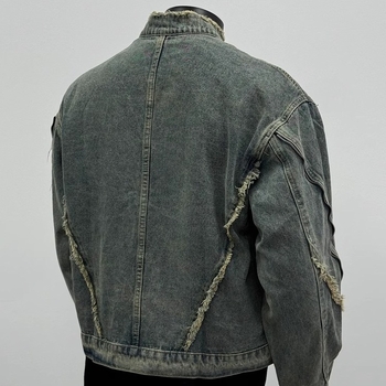 Amerikai stílusú vintage denim dzseki, dekonstruált, mosott hatású, férfiaknak, tavasz–ősz, rövid fazon, álló gallér