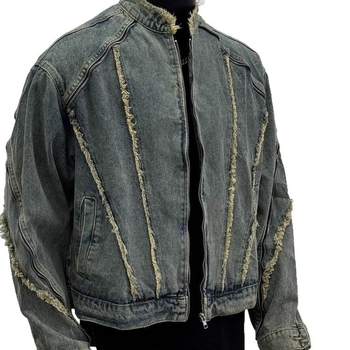 Amerikai stílusú vintage denim dzseki, dekonstruált, mosott hatású, férfiaknak, tavasz–ősz, rövid fazon, álló gallér
