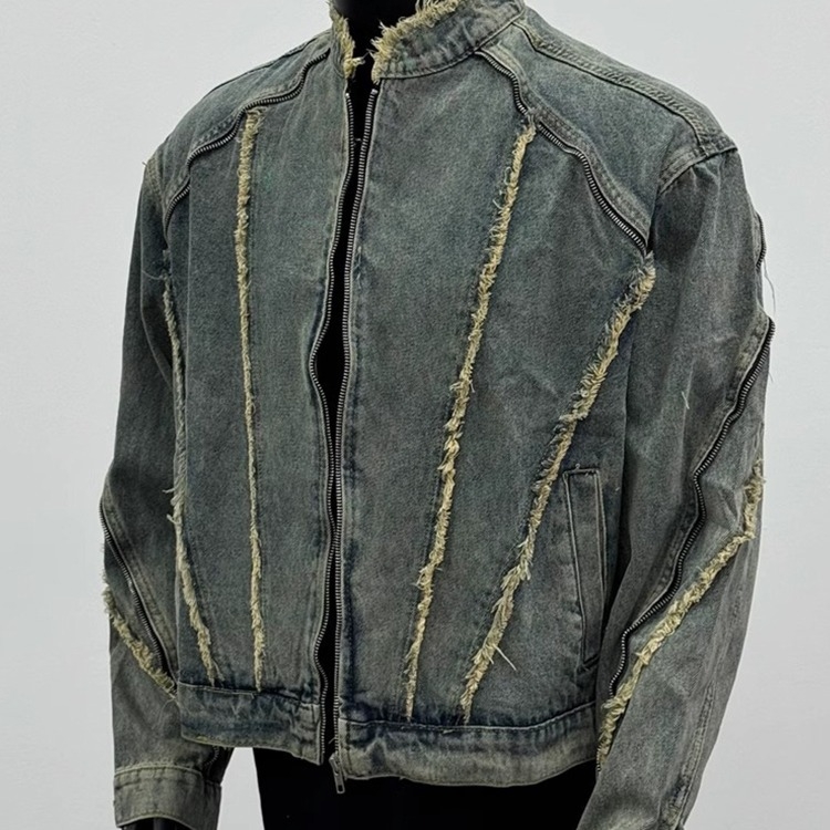 Amerikai stílusú vintage denim dzseki, dekonstruált, mosott hatású, férfiaknak, tavasz–ősz, rövid fazon, álló gallér