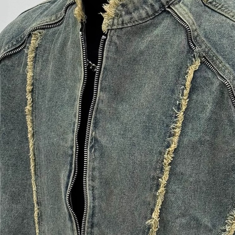 Amerikai stílusú vintage denim dzseki, dekonstruált, mosott hatású, férfiaknak, tavasz–ősz, rövid fazon, álló gallér