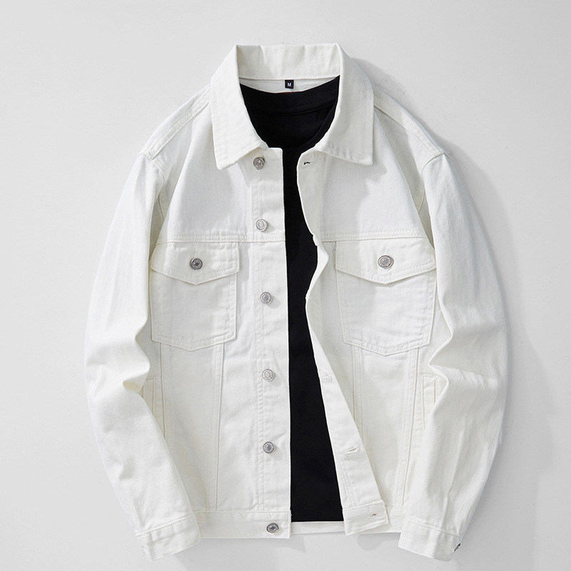 Vintage utcai denimdzseki japán stílusú hatásokkal, fehér, férfiaknak, divat