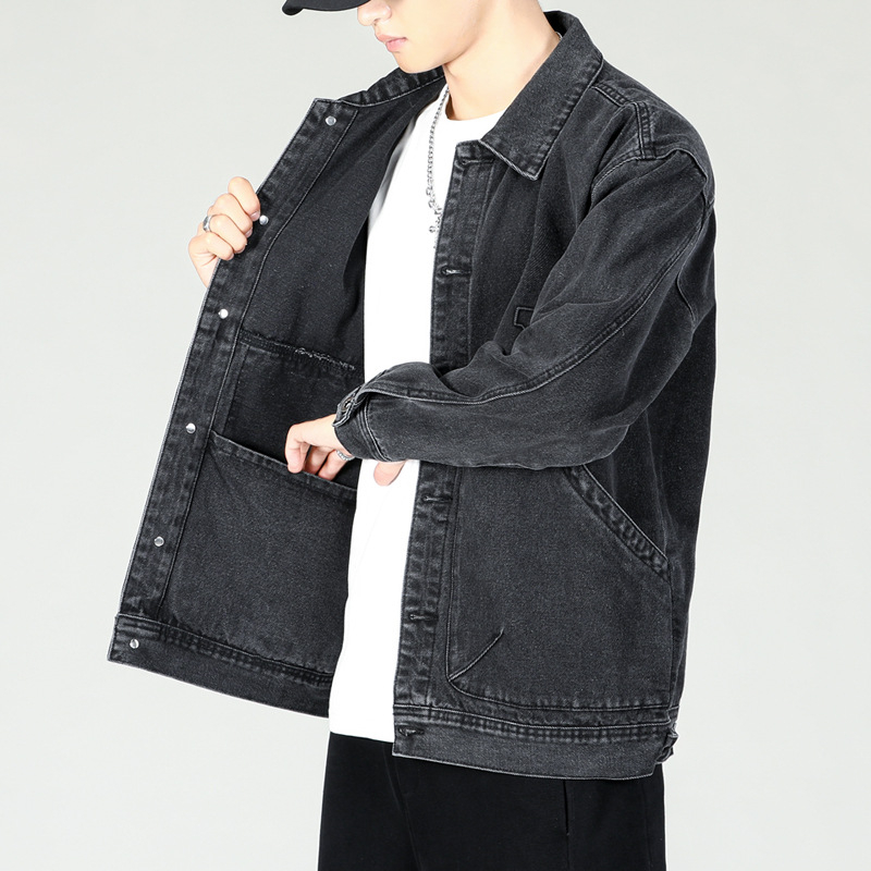Muška crna denim jakna, opuštenog kroja, plus veličina, casual svakodnevni stil, isprani denim