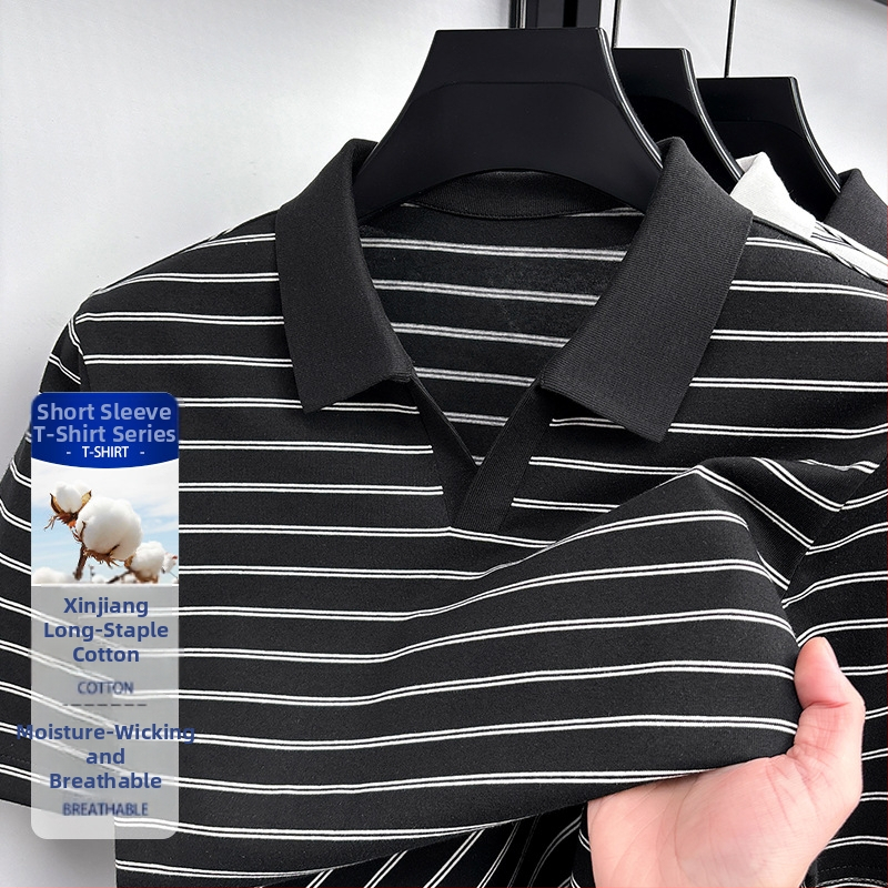 Tricou polo masculin de vară, cu mânecă scurtă, dungat, croială lejeră, guler