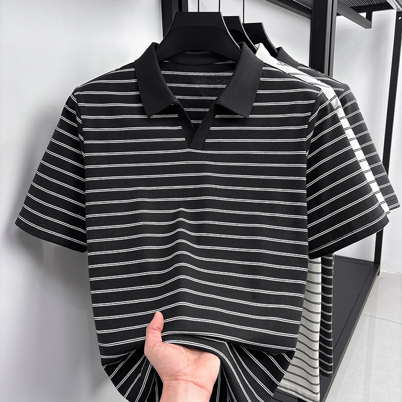 Tricou polo masculin de vară, cu mânecă scurtă, dungat, croială lejeră, guler