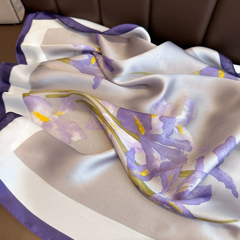 Lila šatenski šal s motivom narcisa, 70×70 cm, mali kvadrat, korejski stil, lagani proljetno-jesenski dodatak za vrat, dekorativni šal