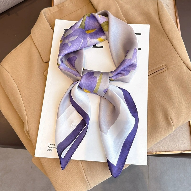 Lila šatenski šal s motivom narcisa, 70×70 cm, mali kvadrat, korejski stil, lagani proljetno-jesenski dodatak za vrat, dekorativni šal