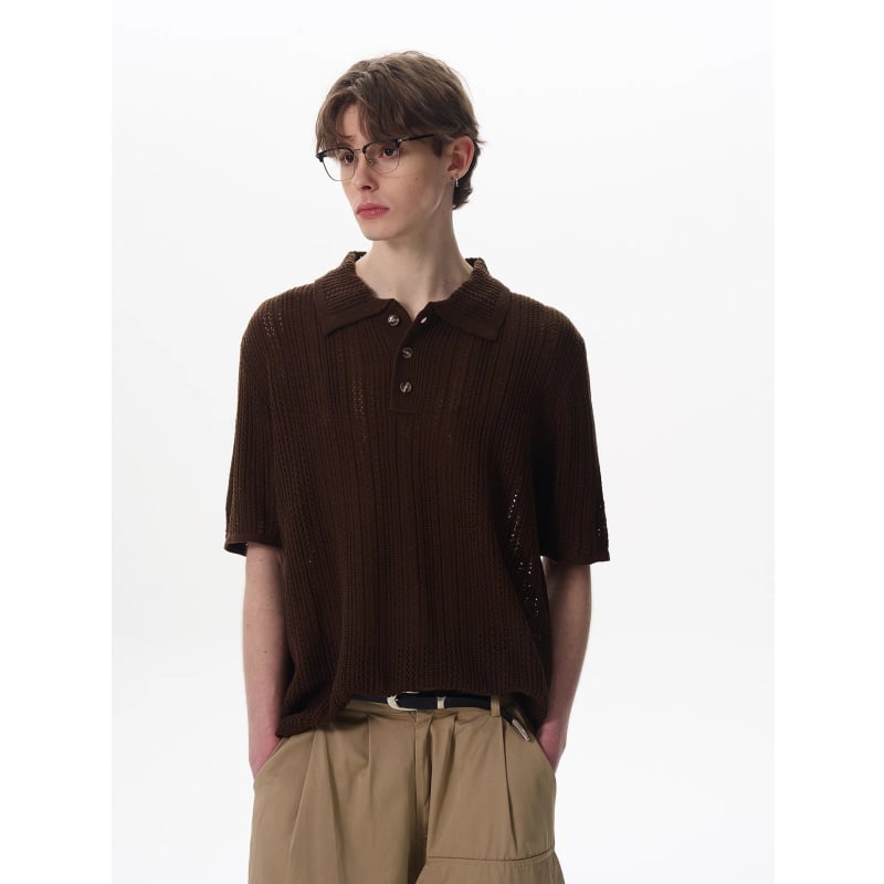 Tricou polo tricotat masculin, mânecă scurtă, guler polo, model decupat perforat, țesătură Ice Silk respirabil