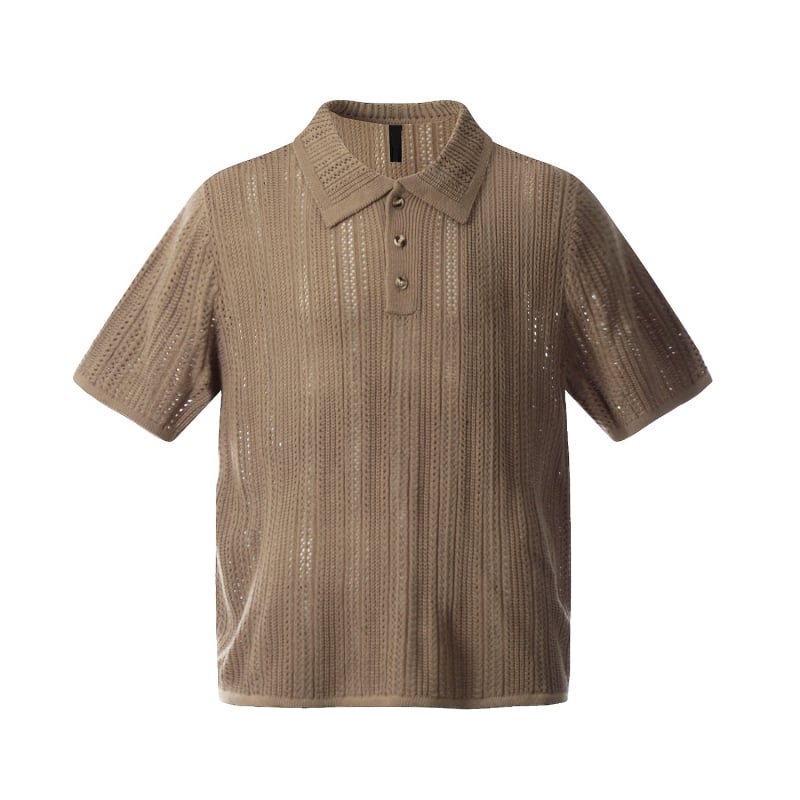 Tricou polo tricotat masculin, mânecă scurtă, guler polo, model decupat perforat, țesătură Ice Silk respirabil