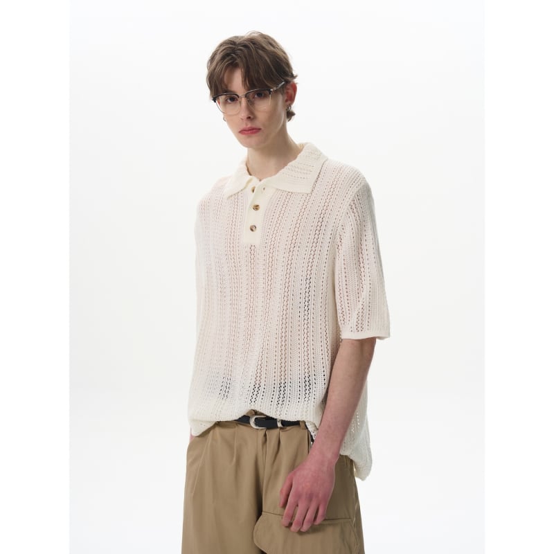 Tricou polo tricotat masculin, mânecă scurtă, guler polo, model decupat perforat, țesătură Ice Silk respirabil