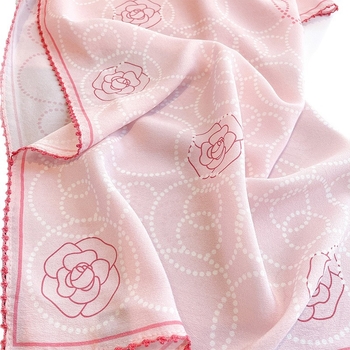 100% Mulberry selyem sál nőknek, lágy rózsaszín kamélia mintával, sokoldalú, magas minőségű, könnyű lux, négyszögletes sál 65x65 cm