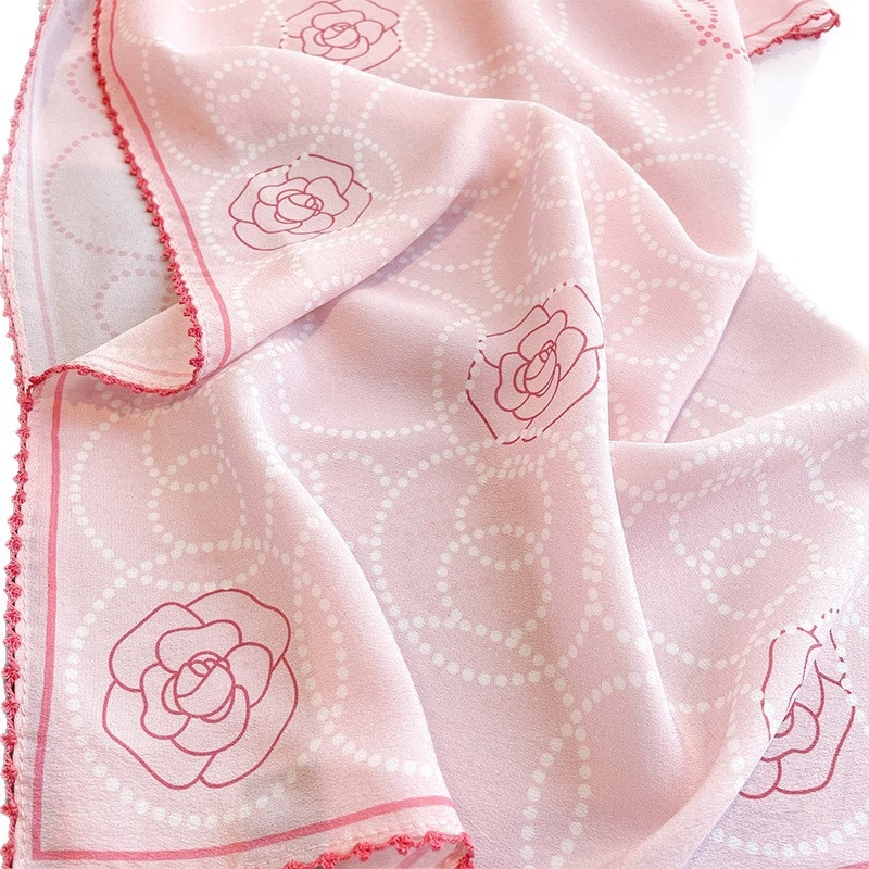 100% Mulberry selyem sál nőknek, lágy rózsaszín kamélia mintával, sokoldalú, magas minőségű, könnyű lux, négyszögletes sál 65x65 cm