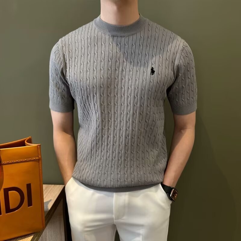 Muško polo s twist-pletom, kratkih rukava, britanski poslovni stil, slim fit, jednobojna, ice silk za ljeto.