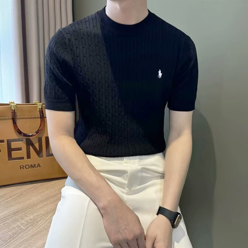Muško polo s twist-pletom, kratkih rukava, britanski poslovni stil, slim fit, jednobojna, ice silk za ljeto.