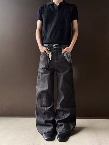 Férfi raw denim nadrág, amerikai Clean-Fit stílusban, retro patchwork jacquard, dekonstruált, laza széles szárú nadrág, ősz 2025