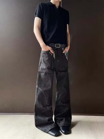 Férfi raw denim nadrág, amerikai Clean-Fit stílusban, retro patchwork jacquard, dekonstruált, laza széles szárú nadrág, ősz 2025