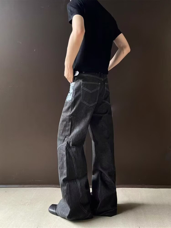 Férfi raw denim nadrág, amerikai Clean-Fit stílusban, retro patchwork jacquard, dekonstruált, laza széles szárú nadrág, ősz 2025