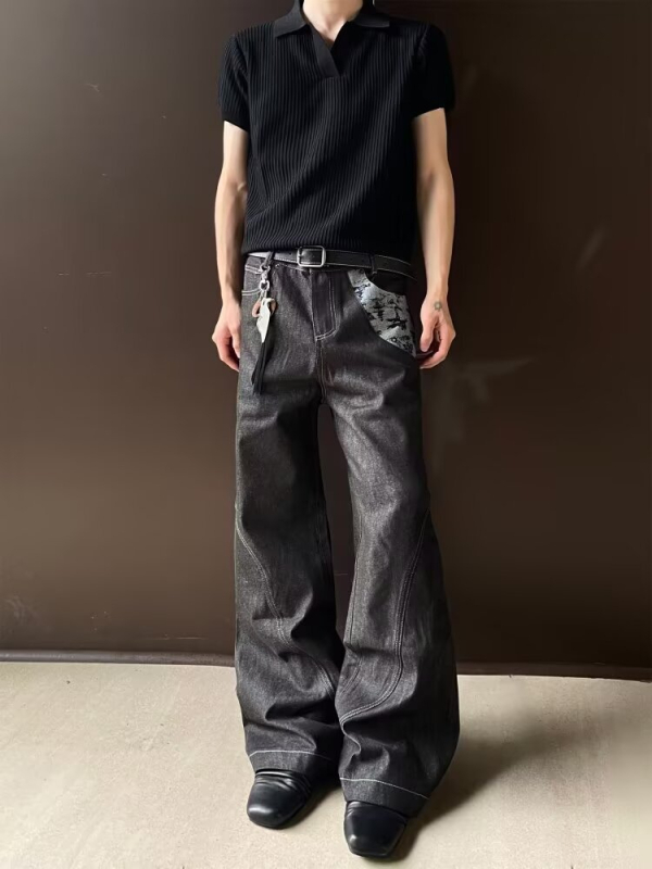Férfi raw denim nadrág, amerikai Clean-Fit stílusban, retro patchwork jacquard, dekonstruált, laza széles szárú nadrág, ősz 2025