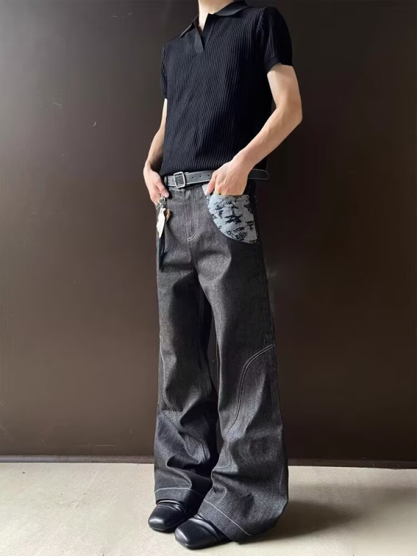 Férfi raw denim nadrág, amerikai Clean-Fit stílusban, retro patchwork jacquard, dekonstruált, laza széles szárú nadrág, ősz 2025