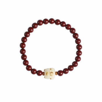 Narukvica od izgorjele Bodhi korijena s cinabar kuglicama i amuletom - ručno izrađeno, unisex, retro-literarni stil