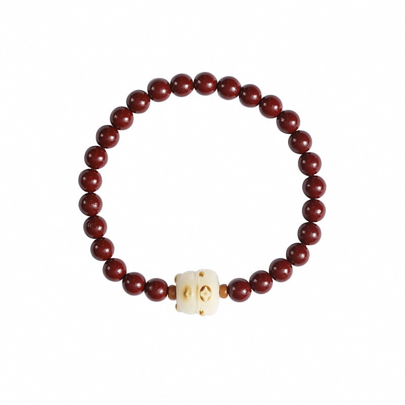 Narukvica od izgorjele Bodhi korijena s cinabar kuglicama i amuletom - ručno izrađeno, unisex, retro-literarni stil