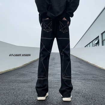 Férfi denim nadrág, utcai stílus, slim-fit, egyenes szár, rojtos él, 2024 tavasz