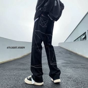 Férfi denim nadrág, utcai stílus, slim-fit, egyenes szár, rojtos él, 2024 tavasz