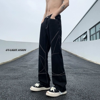 Férfi denim nadrág, utcai stílus, slim-fit, egyenes szár, rojtos él, 2024 tavasz