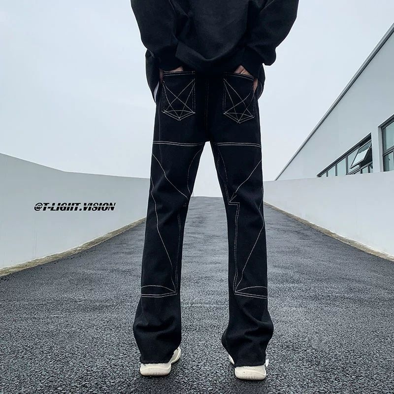Férfi denim nadrág, utcai stílus, slim-fit, egyenes szár, rojtos él, 2024 tavasz