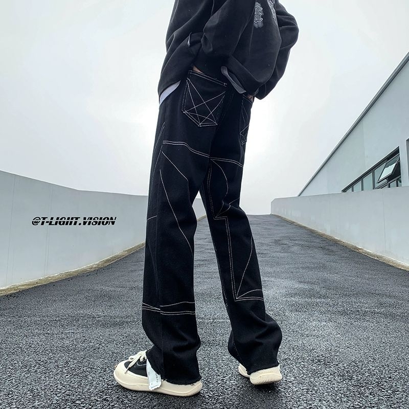 Férfi denim nadrág, utcai stílus, slim-fit, egyenes szár, rojtos él, 2024 tavasz