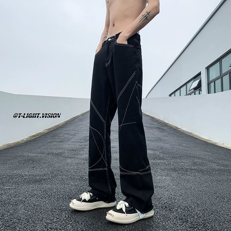 Férfi denim nadrág, utcai stílus, slim-fit, egyenes szár, rojtos él, 2024 tavasz